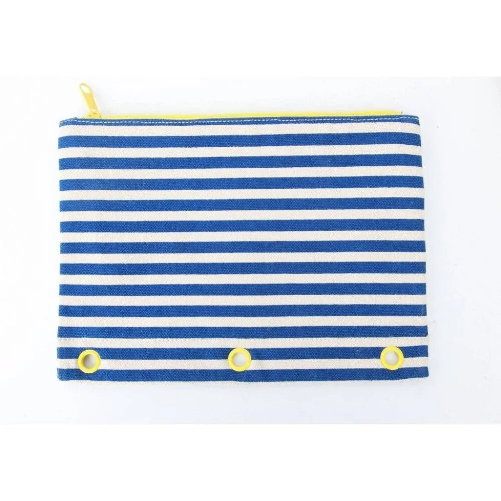 Blue & White Striped Fabric Binder Pouch With Yellow Zipper & Grommets 7.25